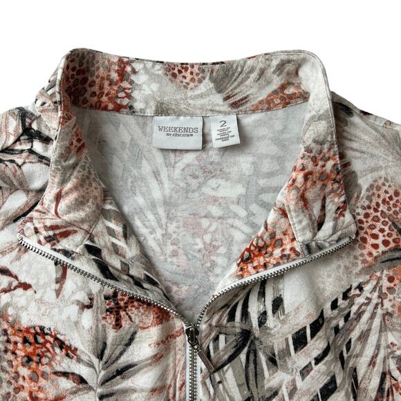 Weekends By Chico Full Zip Jacket Sz2 US 12 Large Floral Tan Pockets Lightweight - Picture 3 of 10